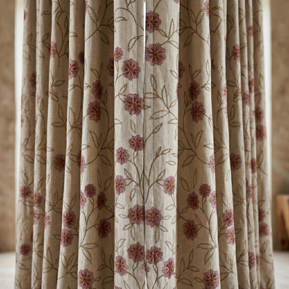 Oatmeal Linen Curtains, Rose Pink Floral Vine Embroidered Drapes, Blackout or Cotton Lined Custom Panels — image 10