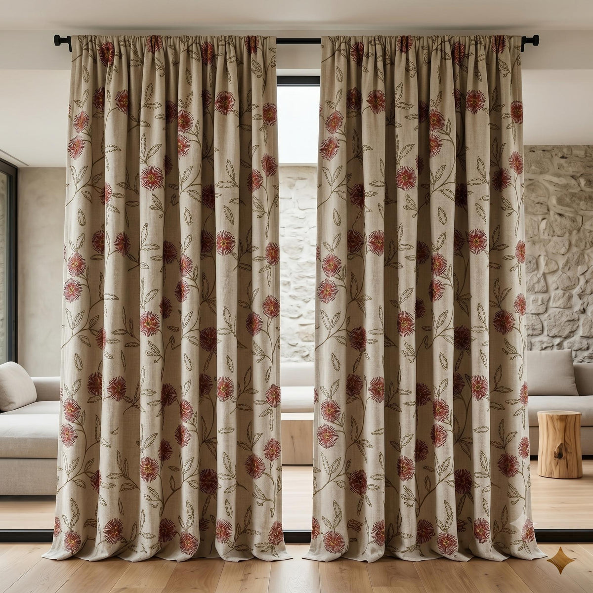 Oatmeal Linen Curtains, Rose Pink Floral Vine Embroidered Drapes, Blackout or Cotton Lined Custom Panels — image 6