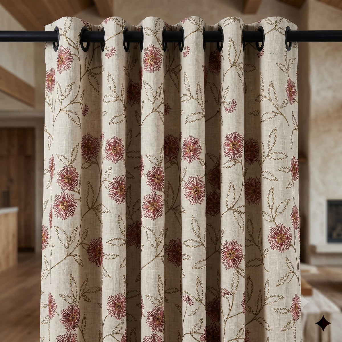 Oatmeal Linen Curtains, Rose Pink Floral Vine Embroidered Drapes, Blackout or Cotton Lined Custom Panels — image 8