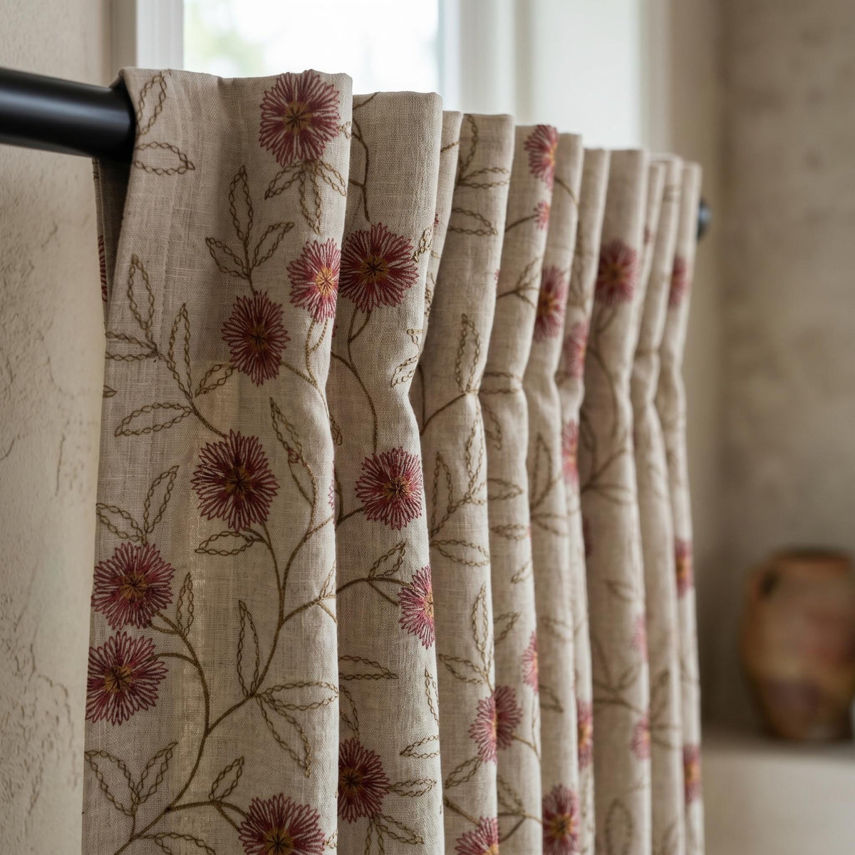 Oatmeal Linen Curtains, Rose Pink Floral Vine Embroidered Drapes, Blackout or Cotton Lined Custom Panels — image 4