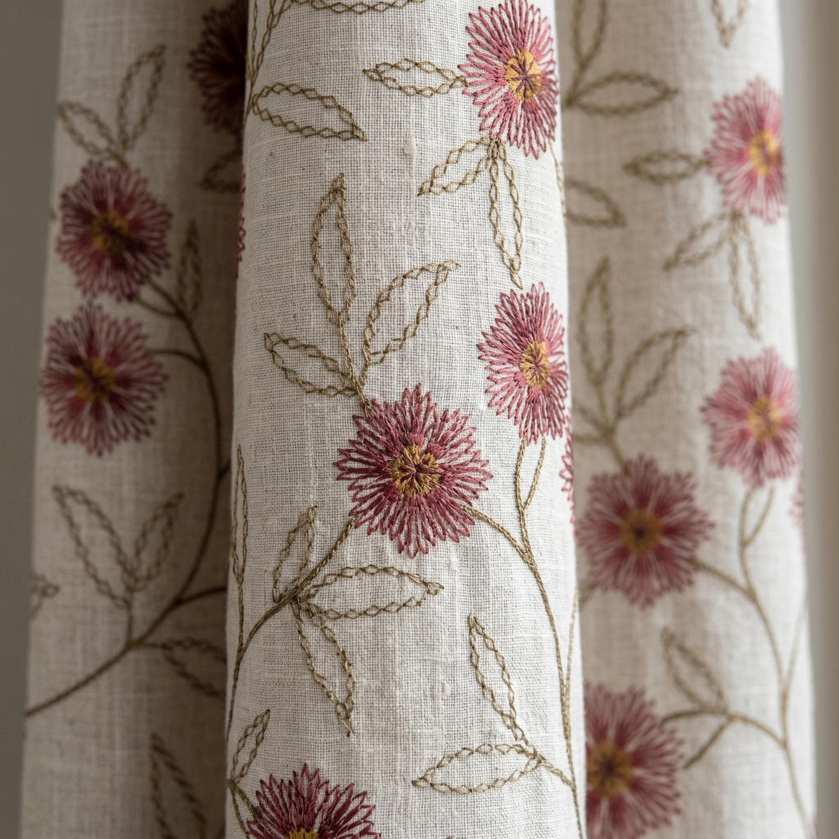 Oatmeal Linen Curtains, Rose Pink Floral Vine Embroidered Drapes, Blackout or Cotton Lined Custom Panels — image 5
