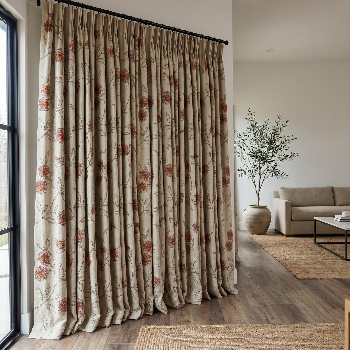 Oatmeal Linen Curtains, Rose Pink Floral Vine Embroidered Drapes, Blackout or Cotton Lined Custom Panels — image 7