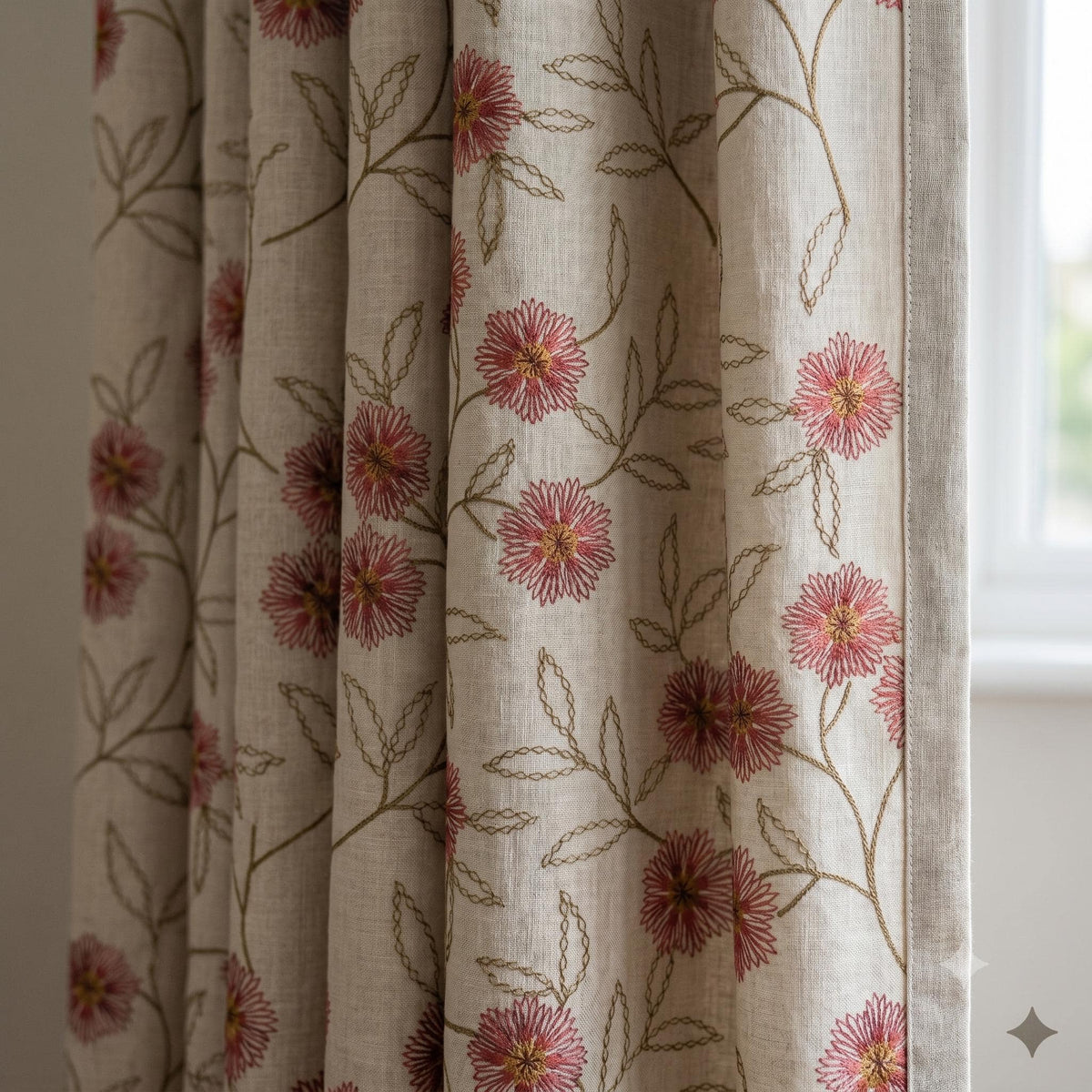 Oatmeal Linen Curtains, Rose Pink Floral Vine Embroidered Drapes, Blackout or Cotton Lined Custom Panels — image 1