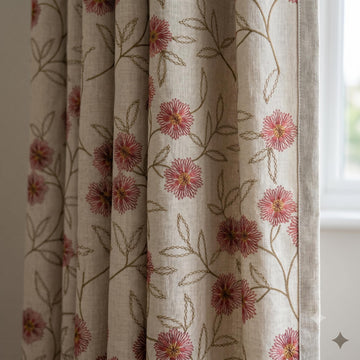 Oatmeal Linen Curtains, Rose Pink Floral Vine Embroidered Drapes, Blackout or Cotton Lined Custom Panels — image 1