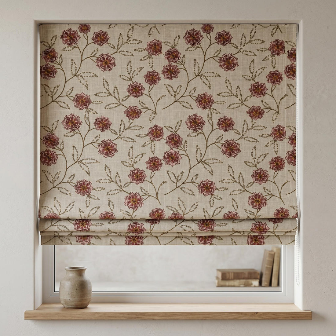 Oatmeal Linen Roman Shade, Rust Red Floral Embroidered Blind, Custom Corded Botanical Blackout or Cotton Lined — image 1
