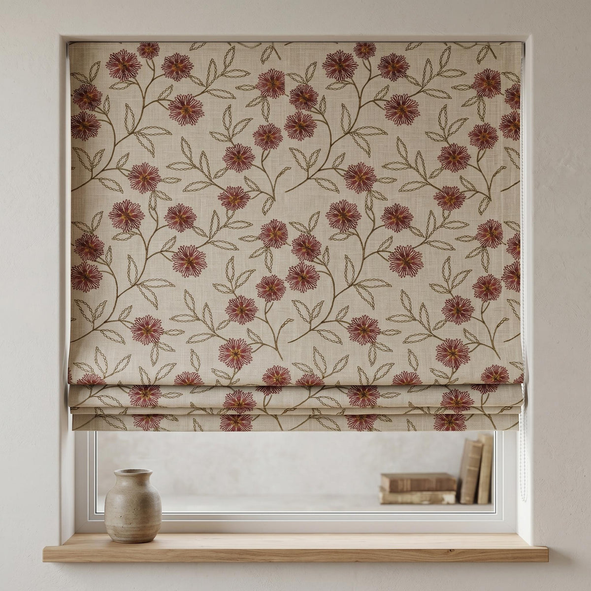 Oatmeal Linen Roman Shade, Rust Red Floral Embroidered Blind, Custom Corded Botanical Blackout or Cotton Lined — image 2