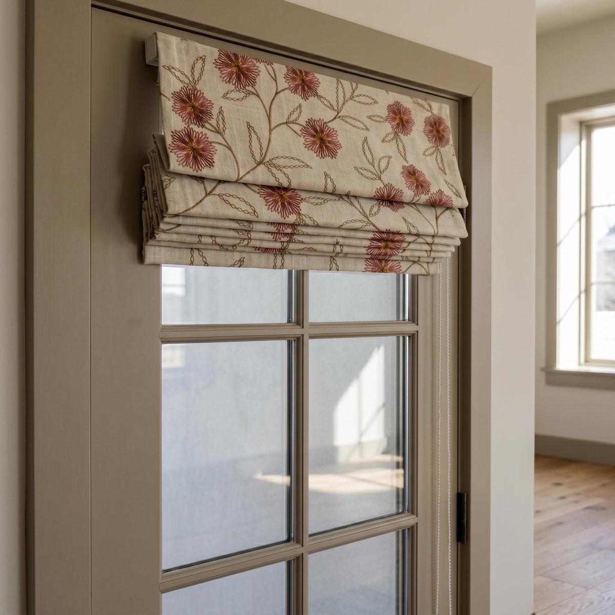 Oatmeal Linen Roman Shade, Rust Red Floral Embroidered Blind, Custom Corded Botanical Blackout or Cotton Lined — image 4