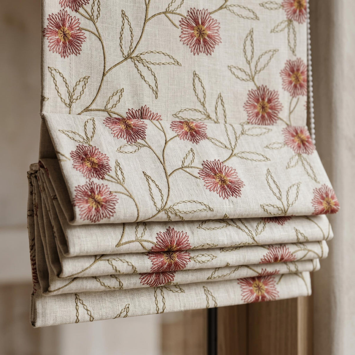 Oatmeal Linen Roman Shade, Rust Red Floral Embroidered Blind, Custom Corded Botanical Blackout or Cotton Lined — image 8