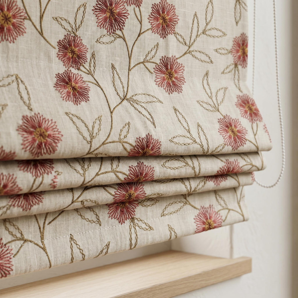 Oatmeal Linen Roman Shade, Rust Red Floral Embroidered Blind, Custom Corded Botanical Blackout or Cotton Lined — image 5