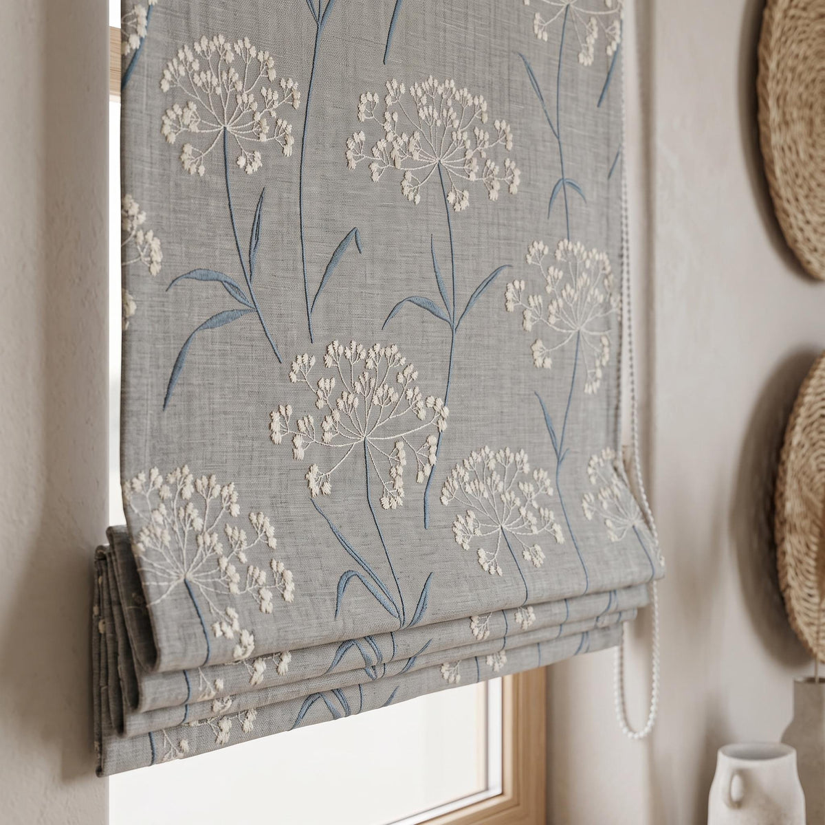 Gray Blue Pure Linen Roman Shade, White Queen Anne Lace Embroidered Custom Corded Roman Blind, Blackout or Cotton Lined Window Shade — image 3