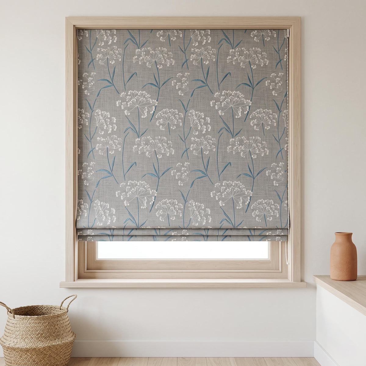 Gray Blue Pure Linen Roman Shade, White Queen Anne Lace Embroidered Custom Corded Roman Blind, Blackout or Cotton Lined Window Shade — image 2