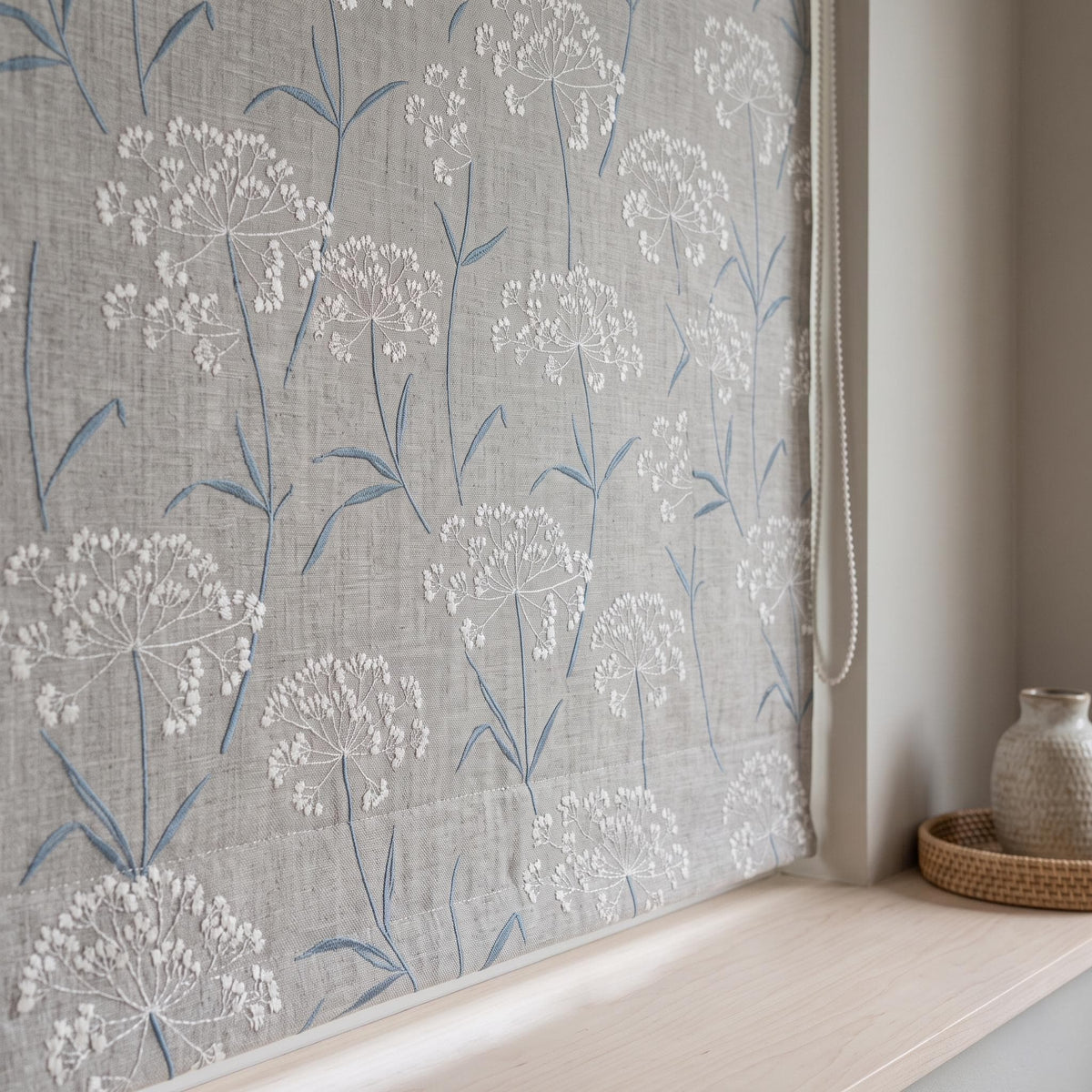 Gray Blue Pure Linen Roman Shade, White Queen Anne Lace Embroidered Custom Corded Roman Blind, Blackout or Cotton Lined Window Shade — image 8