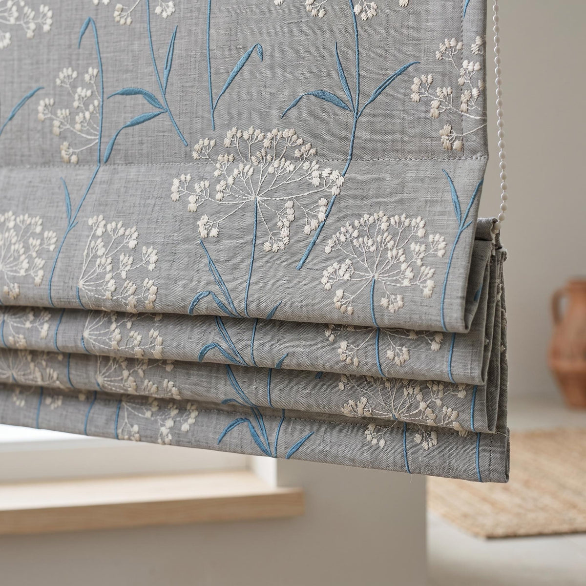 Gray Blue Pure Linen Roman Shade, White Queen Anne Lace Embroidered Custom Corded Roman Blind, Blackout or Cotton Lined Window Shade — image 6