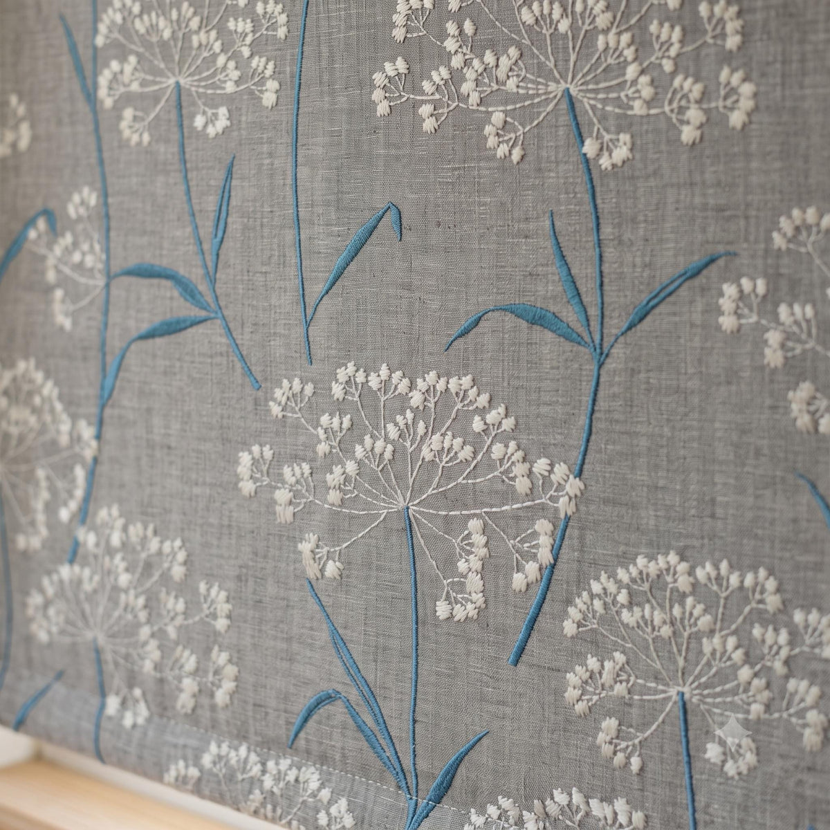 Gray Blue Pure Linen Roman Shade, White Queen Anne Lace Embroidered Custom Corded Roman Blind, Blackout or Cotton Lined Window Shade — image 9
