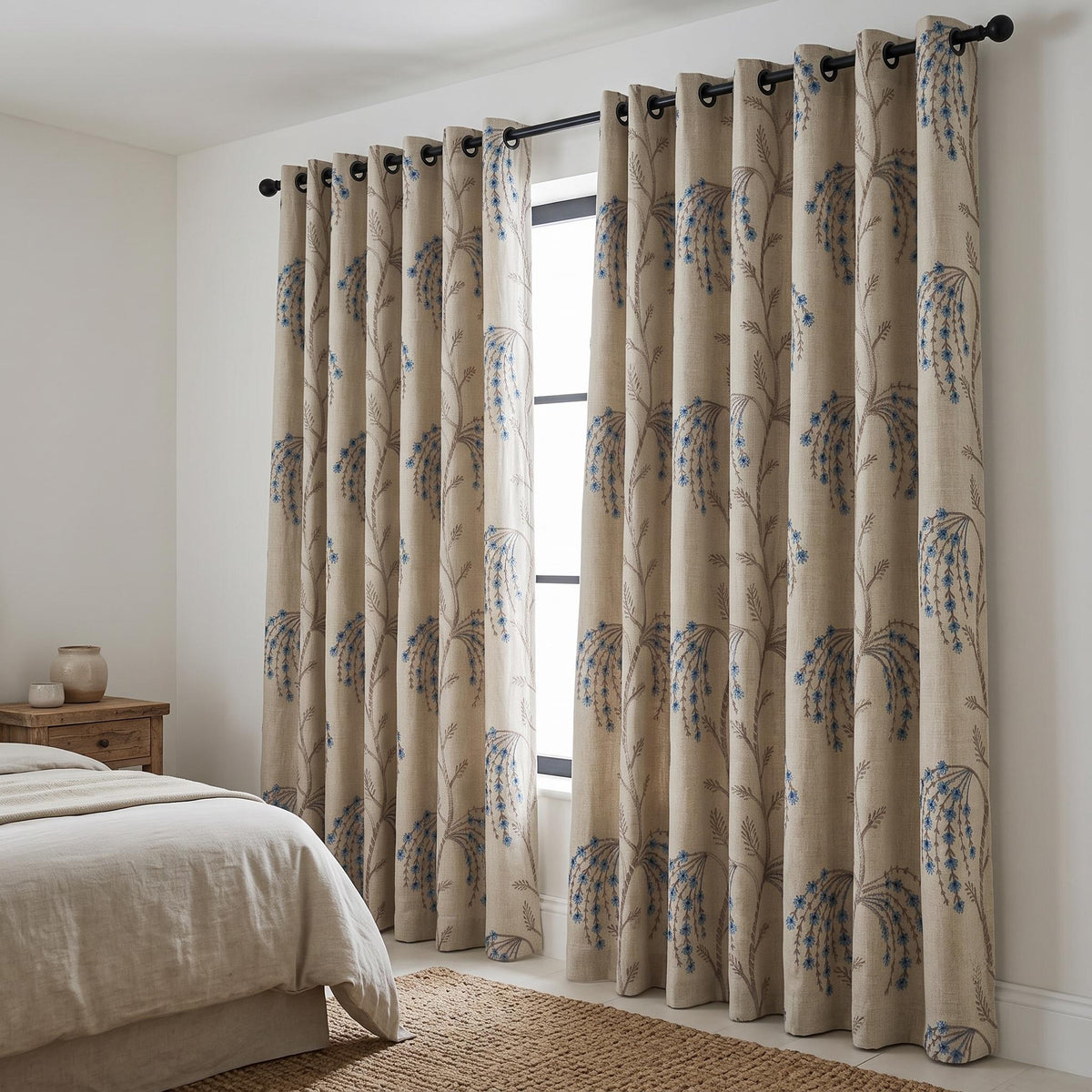 Cream Blue Taupe Embroidered Linen Curtains, Botanical Floral Blackout Drapes, Custom Cottage Curtain Panels, Heavy Linen — image 5