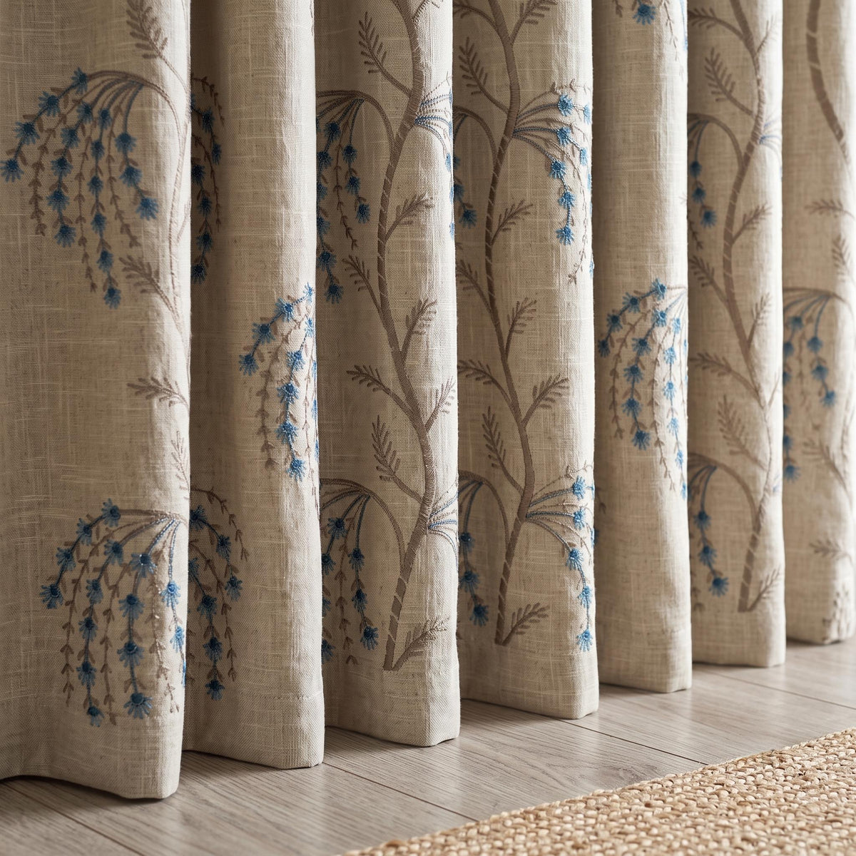 Cream Blue Taupe Embroidered Linen Curtains, Botanical Floral Blackout Drapes, Custom Cottage Curtain Panels, Heavy Linen — image 7