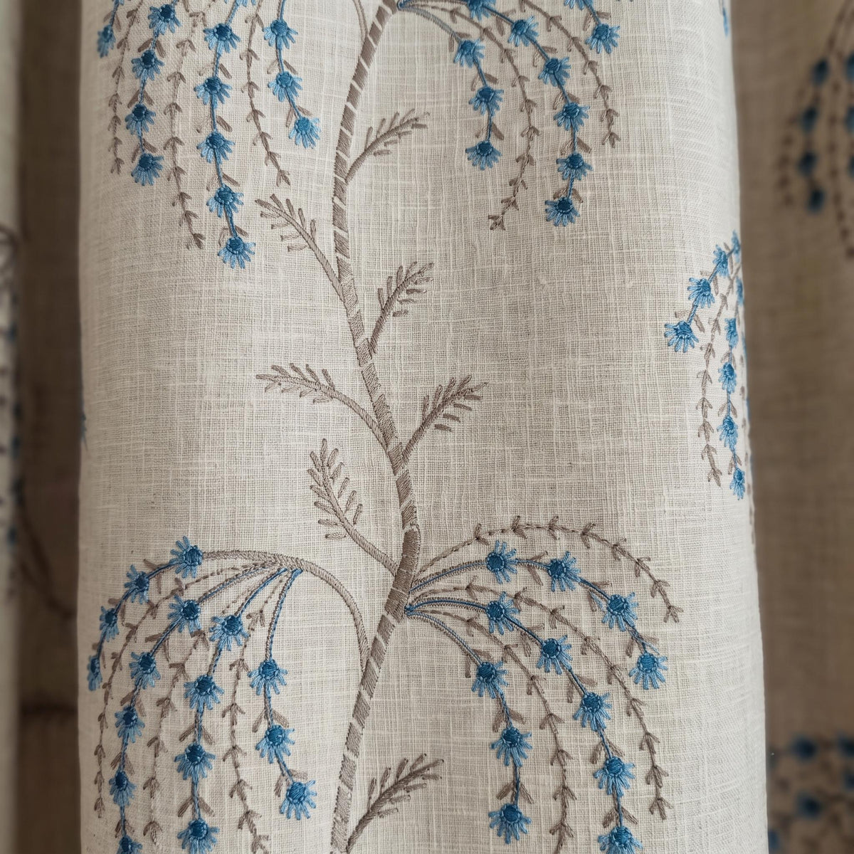 Cream Blue Taupe Embroidered Linen Curtains, Botanical Floral Blackout Drapes, Custom Cottage Curtain Panels, Heavy Linen — image 9
