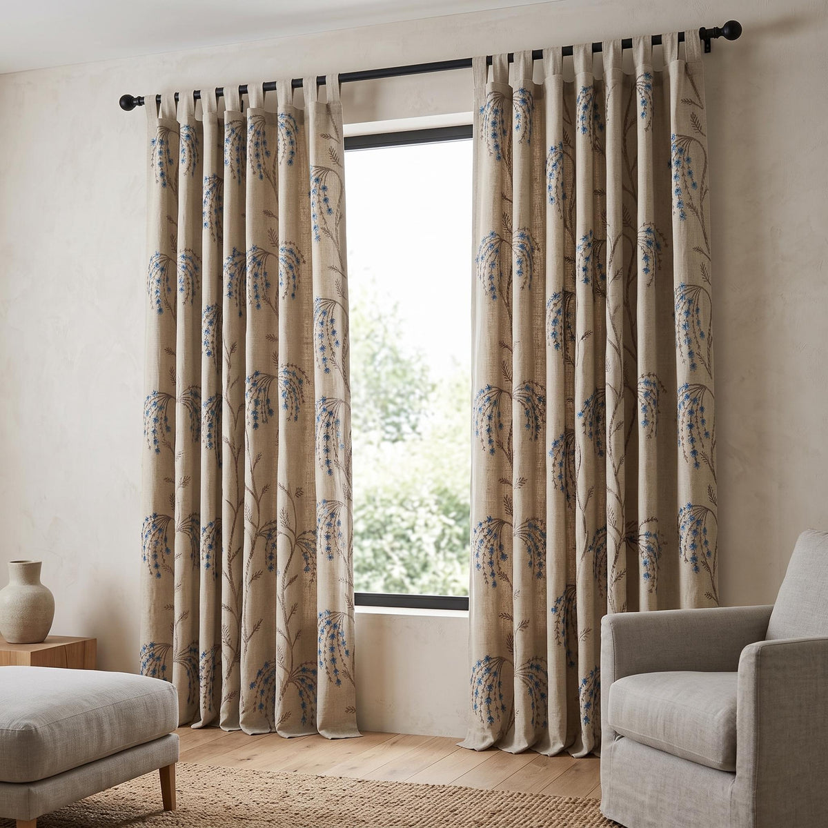 Cream Blue Taupe Embroidered Linen Curtains, Botanical Floral Blackout Drapes, Custom Cottage Curtain Panels, Heavy Linen — image 6