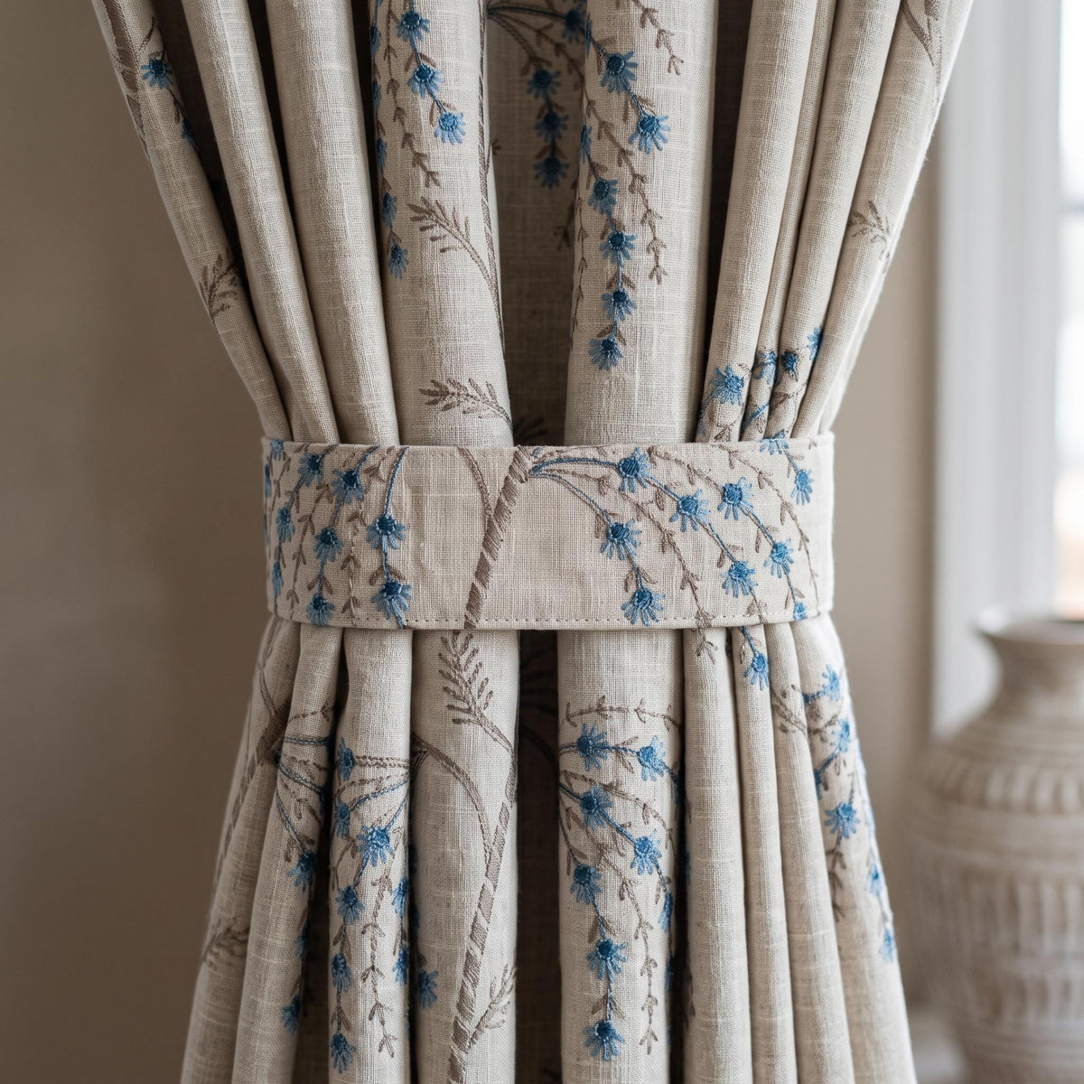 Cream Blue Taupe Embroidered Linen Curtains, Botanical Floral Blackout Drapes, Custom Cottage Curtain Panels, Heavy Linen — image 3