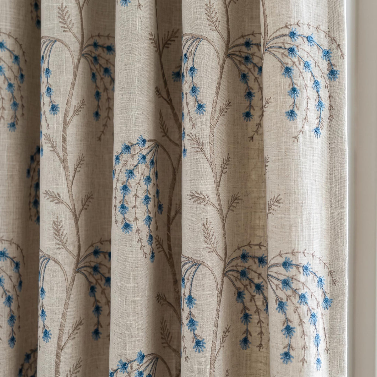 Cream Blue Taupe Embroidered Linen Curtains, Botanical Floral Blackout Drapes, Custom Cottage Curtain Panels, Heavy Linen — image 1