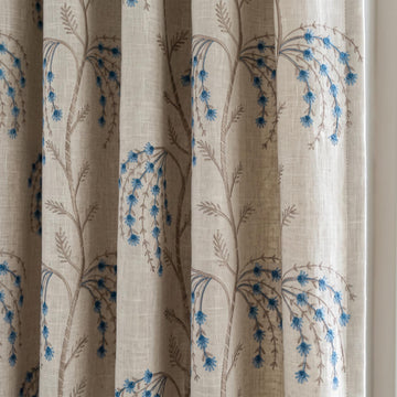 Cream Blue Taupe Embroidered Linen Curtains, Botanical Floral Blackout Drapes, Custom Cottage Curtain Panels, Heavy Linen — image 1