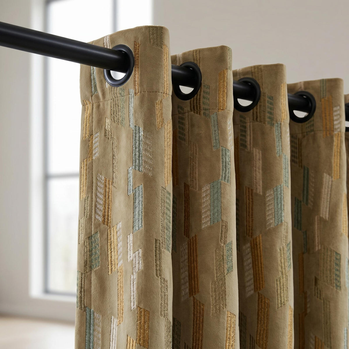 Antique Gold Velvet Curtains, Aqua Sage Geometric Embroidered Drapes, Blackout or Cotton Lined Custom Panels — image 5