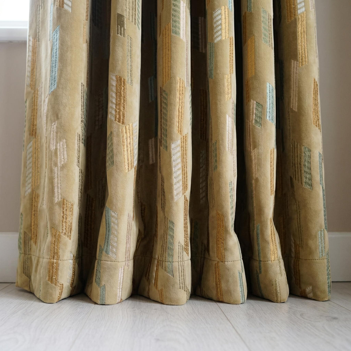 Antique Gold Velvet Curtains, Aqua Sage Geometric Embroidered Drapes, Blackout or Cotton Lined Custom Panels — image 4