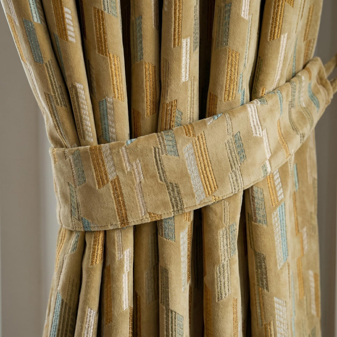 Antique Gold Velvet Curtains, Aqua Sage Geometric Embroidered Drapes, Blackout or Cotton Lined Custom Panels — image 1