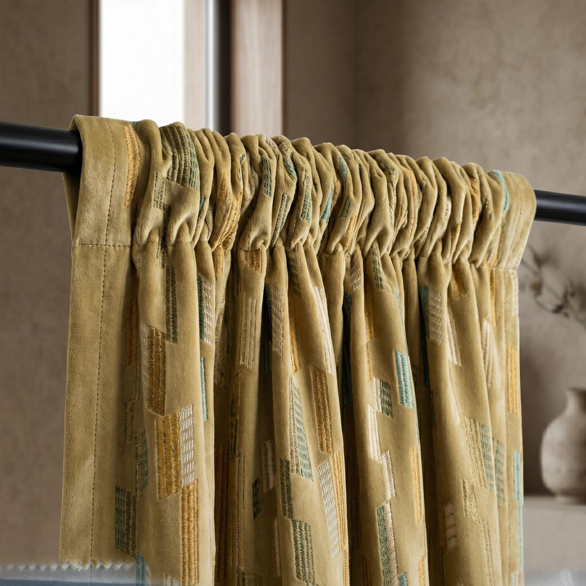 Antique Gold Velvet Curtains, Aqua Sage Geometric Embroidered Drapes, Blackout or Cotton Lined Custom Panels — image 6