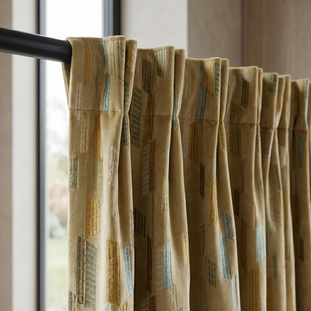 Antique Gold Velvet Curtains, Aqua Sage Geometric Embroidered Drapes, Blackout or Cotton Lined Custom Panels — image 10