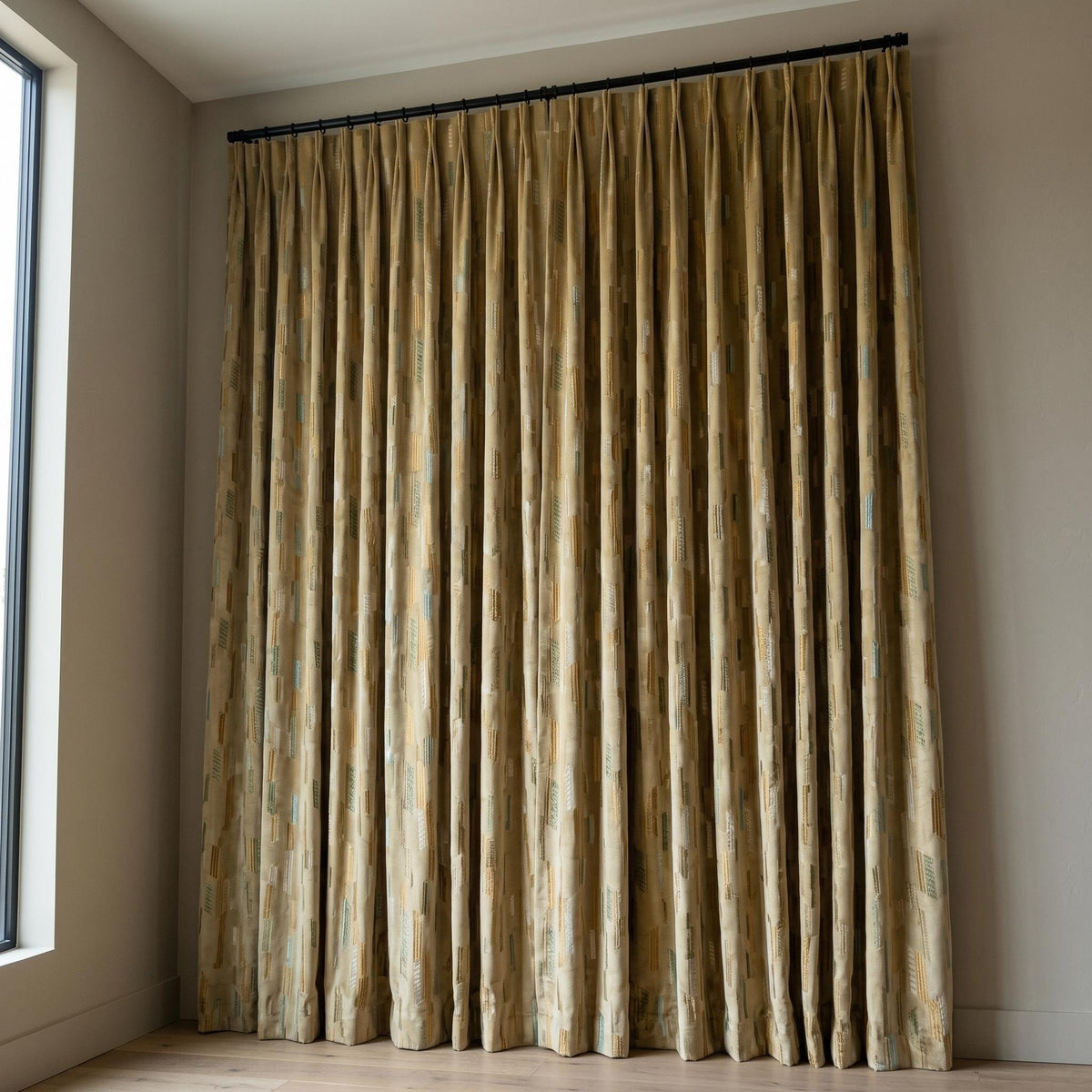 Antique Gold Velvet Curtains, Aqua Sage Geometric Embroidered Drapes, Blackout or Cotton Lined Custom Panels — image 9