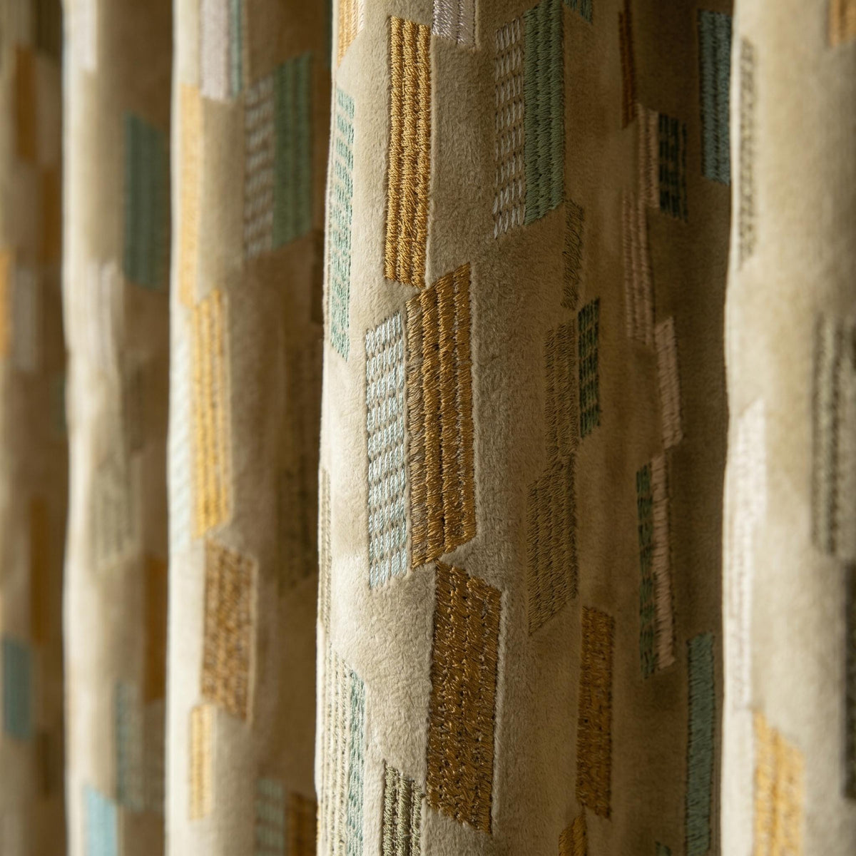 Antique Gold Velvet Curtains, Aqua Sage Geometric Embroidered Drapes, Blackout or Cotton Lined Custom Panels — image 3