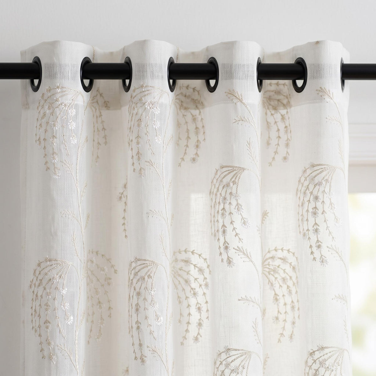 White Pure Linen Sheer Curtains with Beige Daisy Vine Embroidery, Custom Floral Window Panels, Single or Pair — image 9