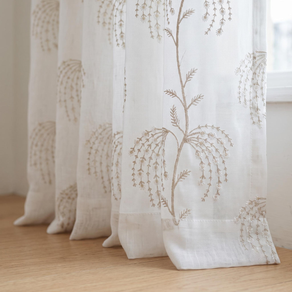 White Pure Linen Sheer Curtains with Beige Daisy Vine Embroidery, Custom Floral Window Panels, Single or Pair — image 3