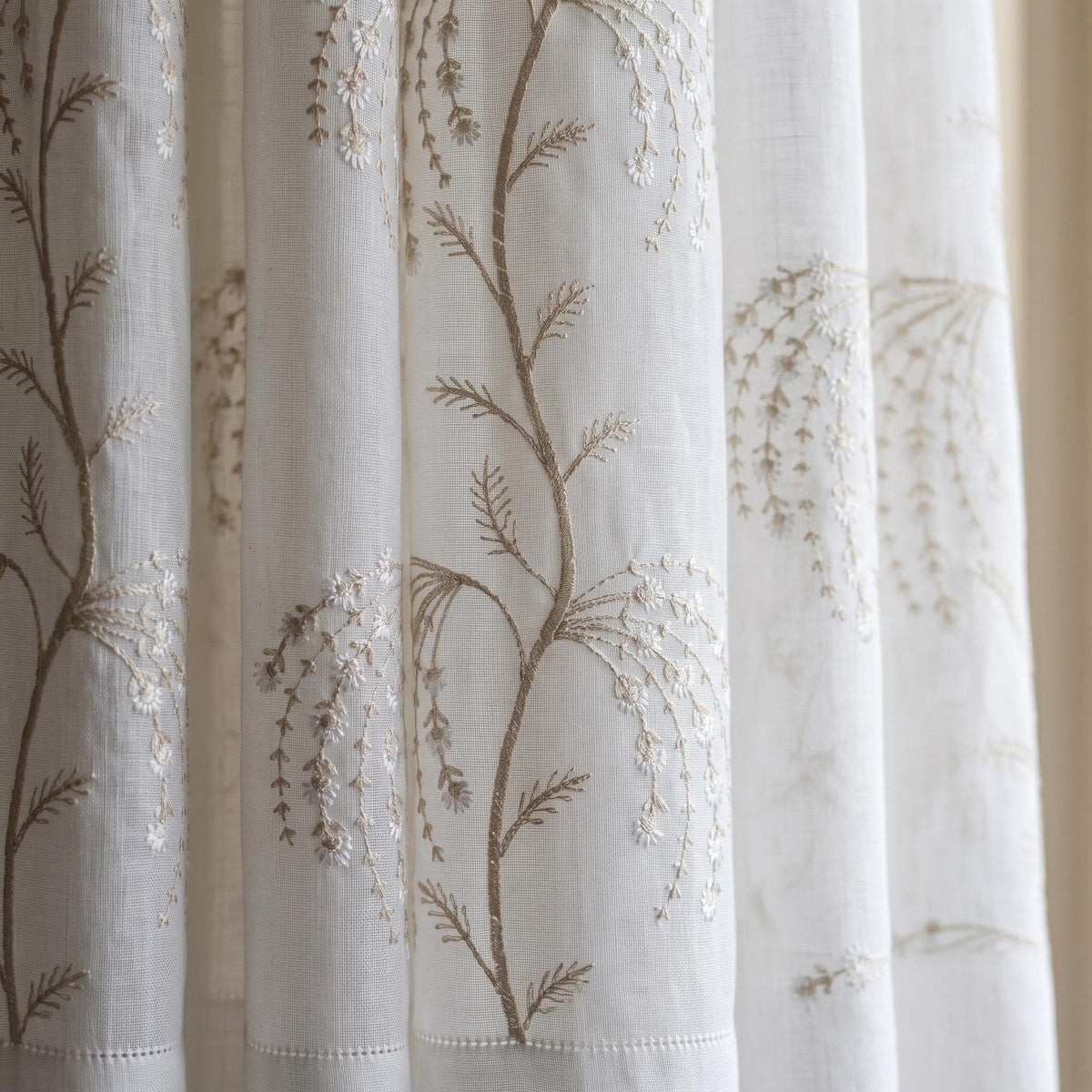 White Pure Linen Sheer Curtains with Beige Daisy Vine Embroidery, Custom Floral Window Panels, Single or Pair — image 8