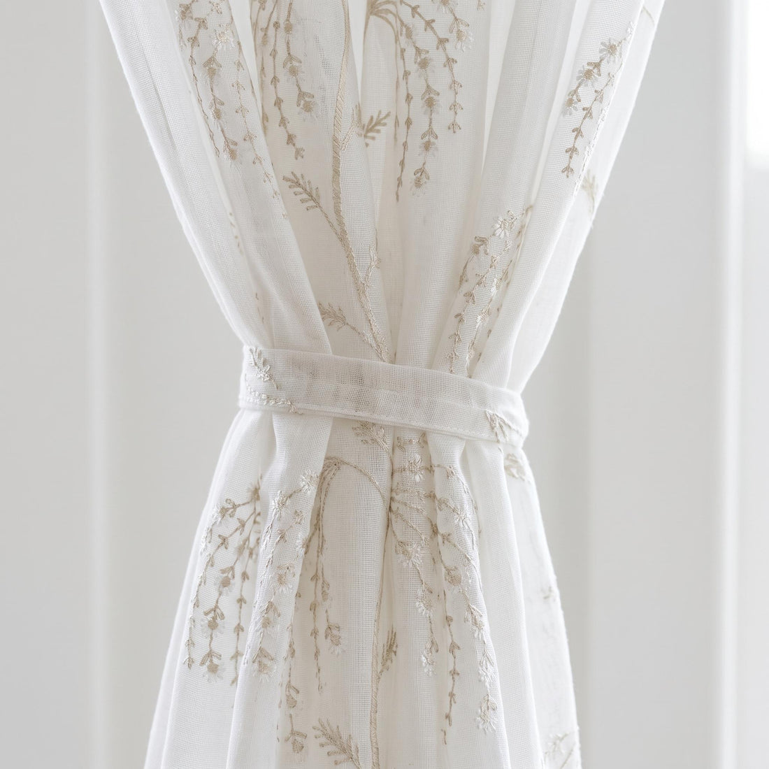 White Pure Linen Sheer Curtains with Beige Daisy Vine Embroidery, Custom Floral Window Panels, Single or Pair — image 1