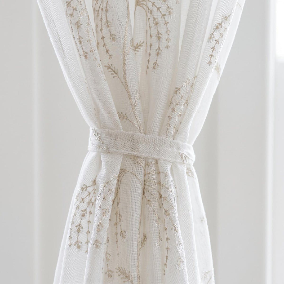 White Pure Linen Sheer Curtains with Beige Daisy Vine Embroidery, Custom Floral Window Panels, Single or Pair — image 2