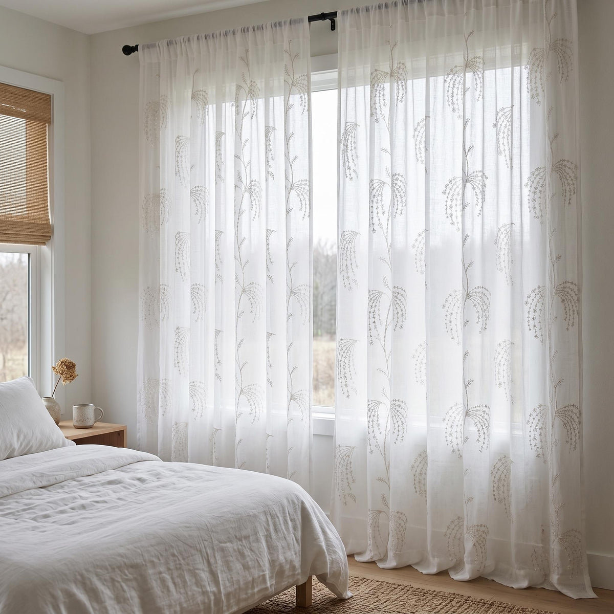 White Pure Linen Sheer Curtains with Beige Daisy Vine Embroidery, Custom Floral Window Panels, Single or Pair — image 5