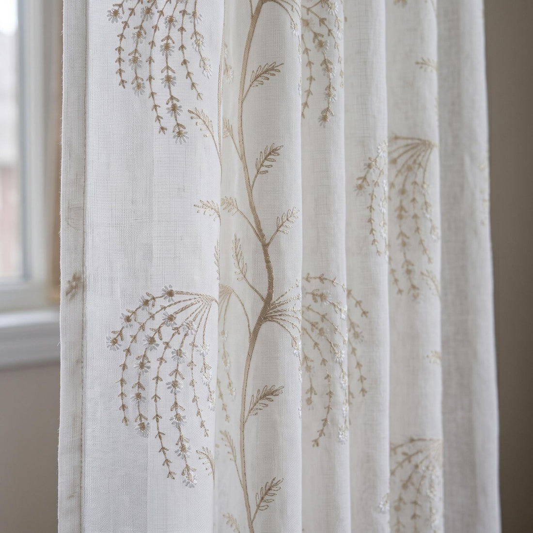 White Pure Linen Sheer Curtains with Beige Daisy Vine Embroidery, Custom Floral Window Panels, Single or Pair — image 1