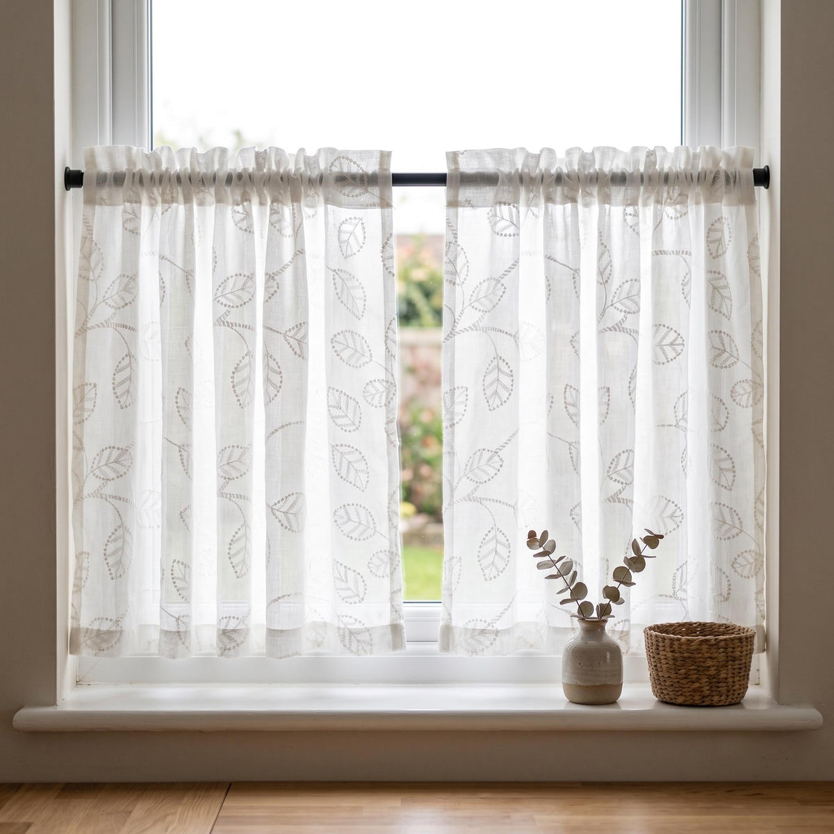 White Pure Linen Sheer Curtains with Tone on Tone Leaf Vine Embroidery, Custom Botanical Drapes, Single or Pair — image 5