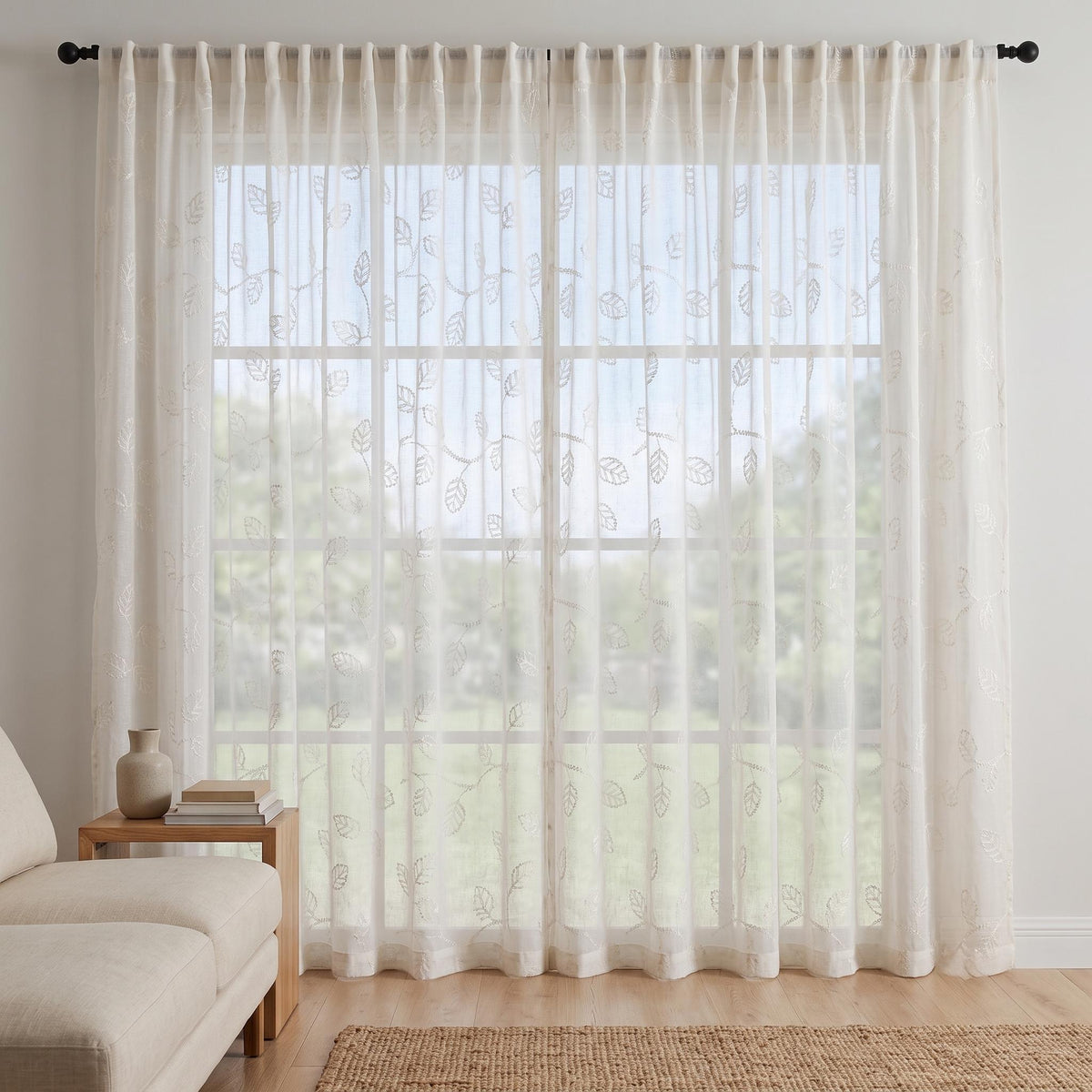 White Pure Linen Sheer Curtains with Tone on Tone Leaf Vine Embroidery, Custom Botanical Drapes, Single or Pair — image 10