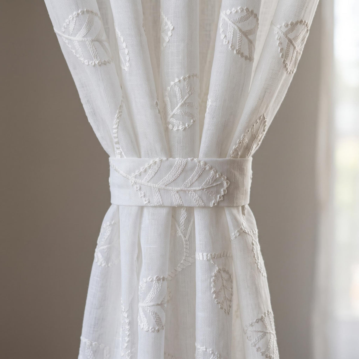 White Pure Linen Sheer Curtains with Tone on Tone Leaf Vine Embroidery, Custom Botanical Drapes, Single or Pair — image 3