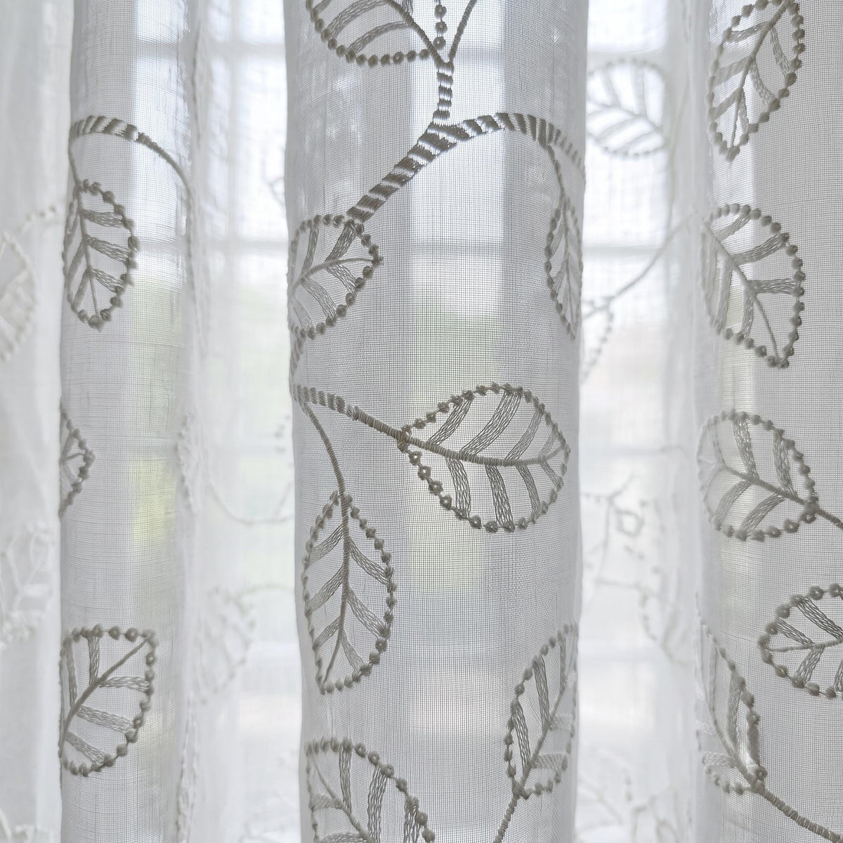 White Pure Linen Sheer Curtains with Tone on Tone Leaf Vine Embroidery, Custom Botanical Drapes, Single or Pair — image 9