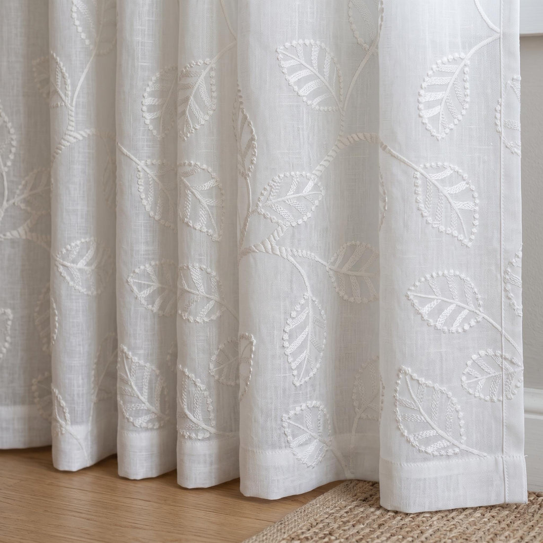 White Pure Linen Sheer Curtains with Tone on Tone Leaf Vine Embroidery, Custom Botanical Drapes, Single or Pair — image 1
