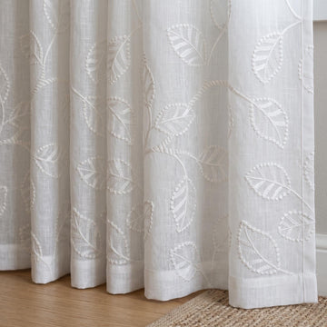 White Pure Linen Sheer Curtains with Tone on Tone Leaf Vine Embroidery, Custom Botanical Drapes, Single or Pair — image 1