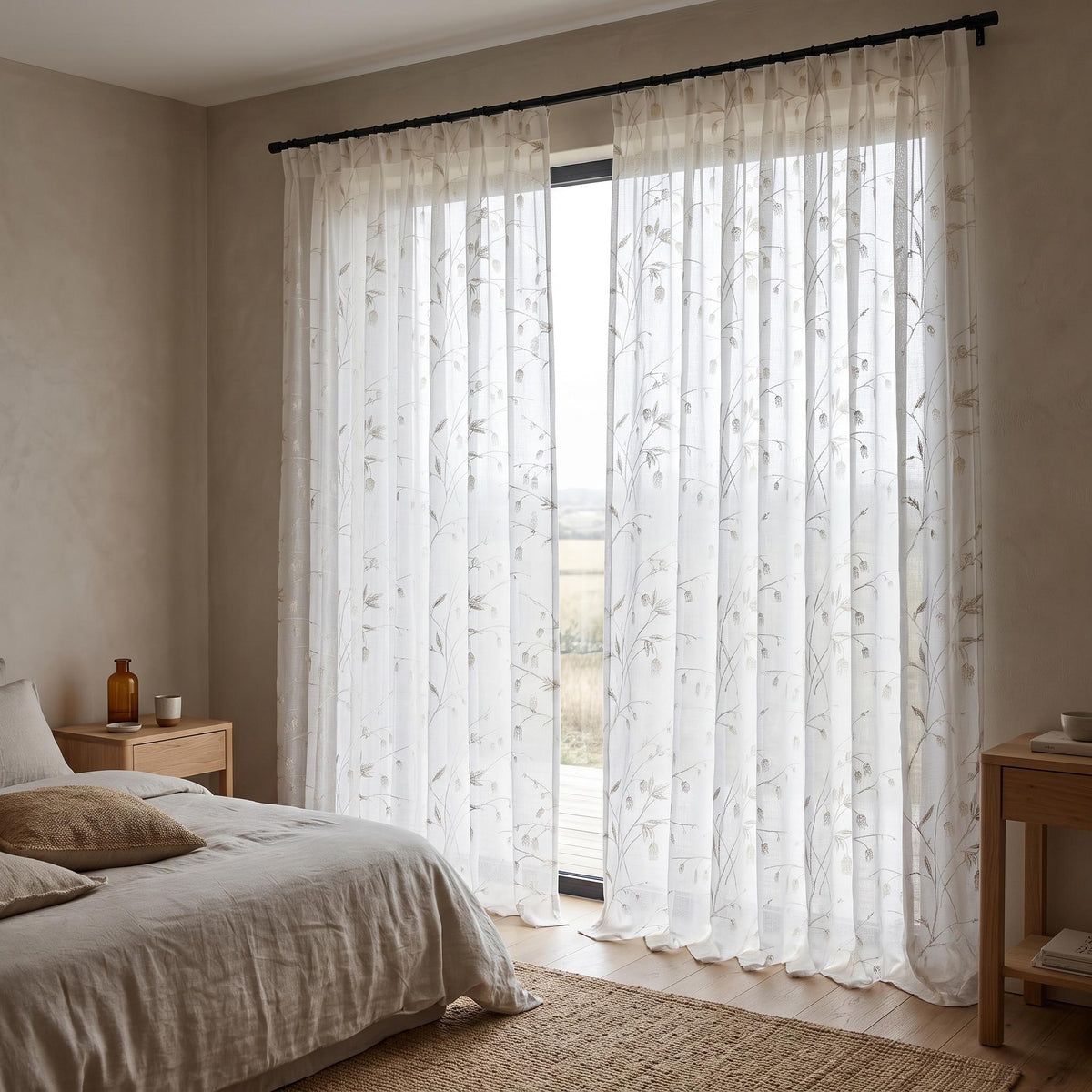 White Pure Linen Sheer Curtains with Beige Bellflower Vine Embroidery, Custom Botanical Drapes, Single or Pair — image 8