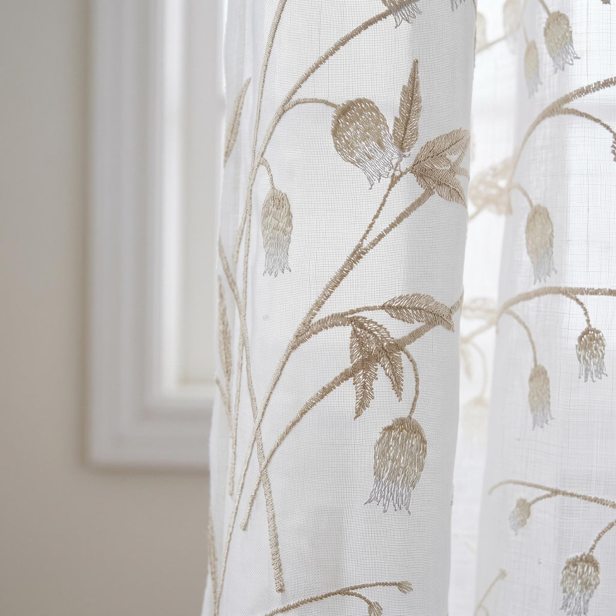 White Pure Linen Sheer Curtains with Beige Bellflower Vine Embroidery, Custom Botanical Drapes, Single or Pair — image 9