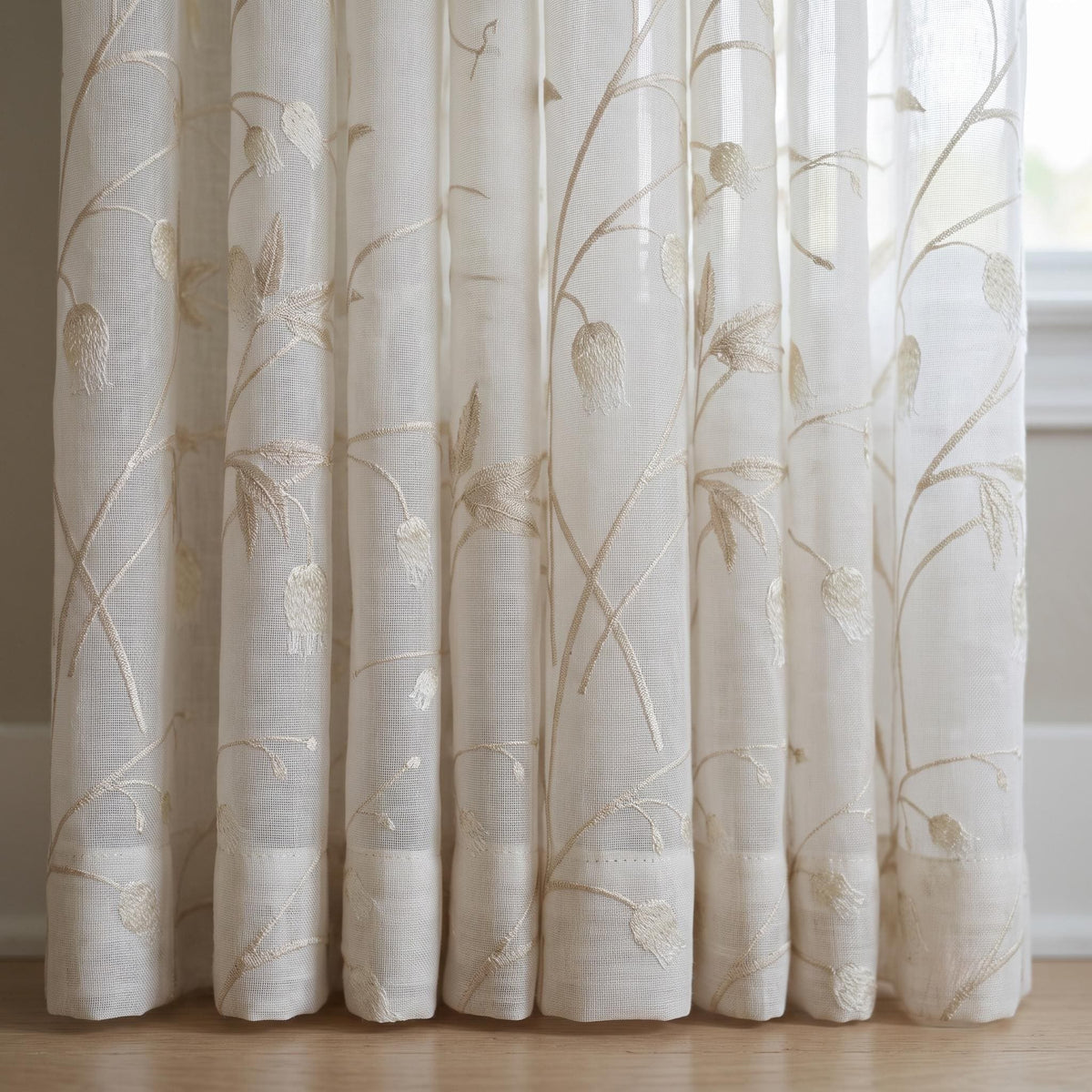 White Pure Linen Sheer Curtains with Beige Bellflower Vine Embroidery, Custom Botanical Drapes, Single or Pair — image 6