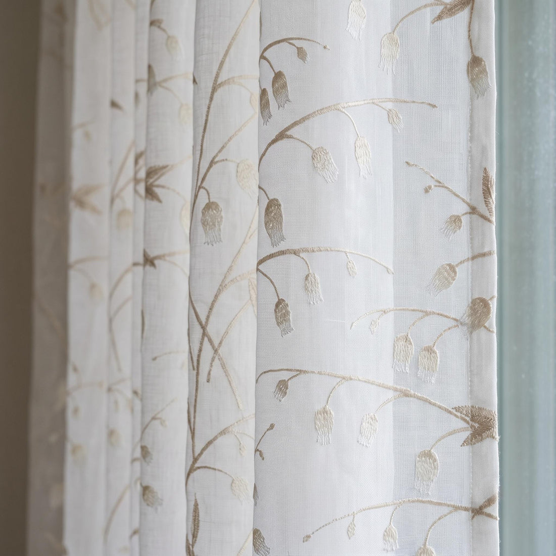 White Pure Linen Sheer Curtains with Beige Bellflower Vine Embroidery, Custom Botanical Drapes, Single or Pair — image 1