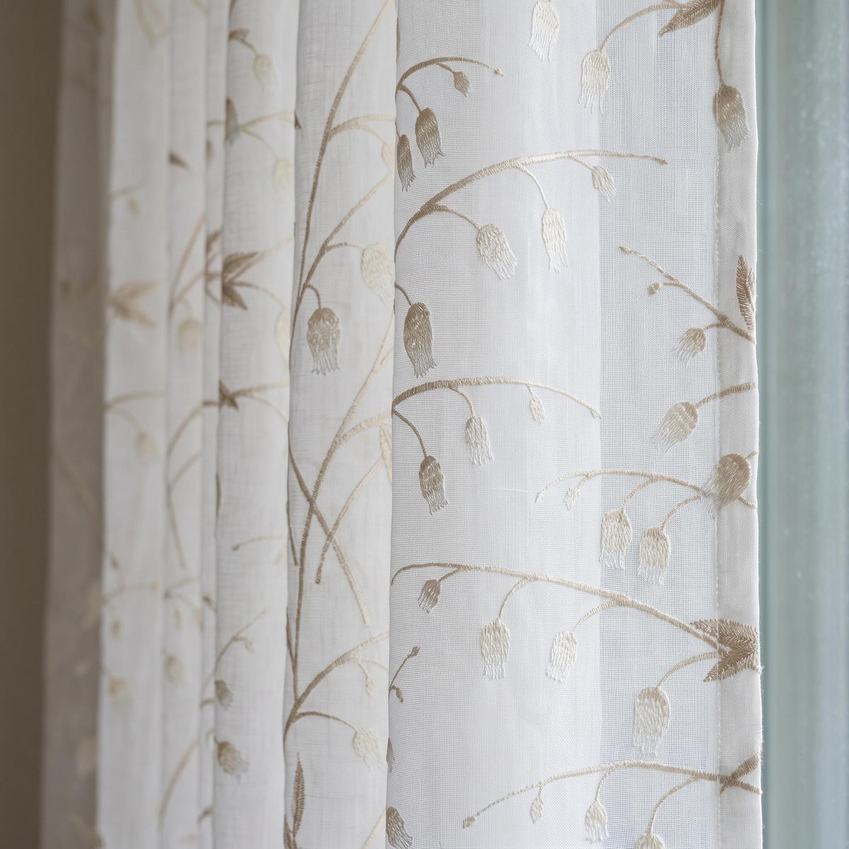 White Pure Linen Sheer Curtains with Beige Bellflower Vine Embroidery, Custom Botanical Drapes, Single or Pair — image 1